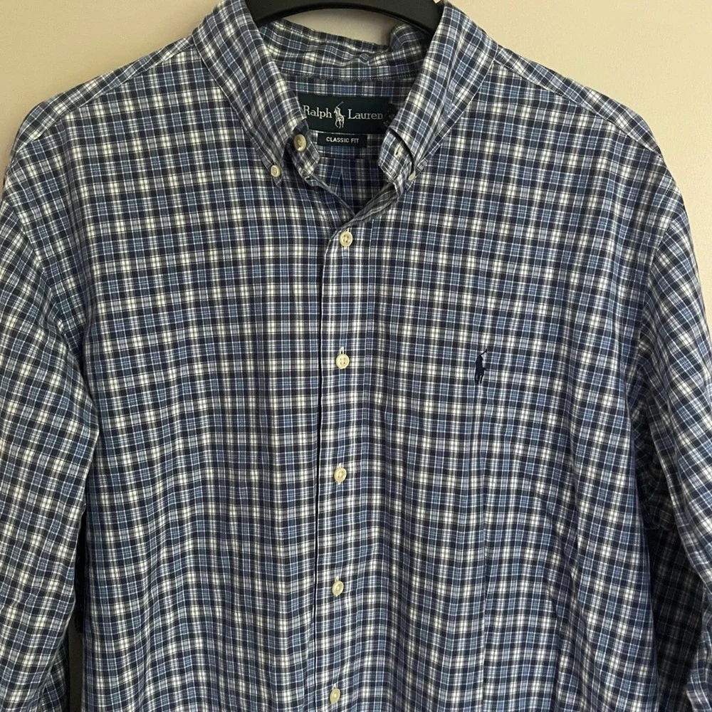 Ralph Lauren Classic Fit XL Blue Plaid Button Down Shirt Mens 100% Cotton